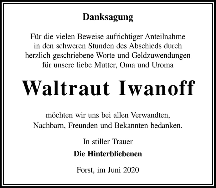 Danksagung Waltraut Iwanoff
