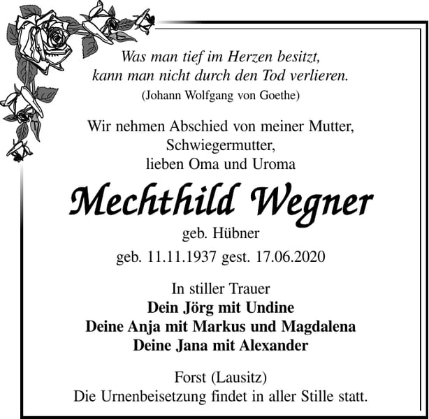 Traueranzeige Mechthild Wegner, geb. Hübner