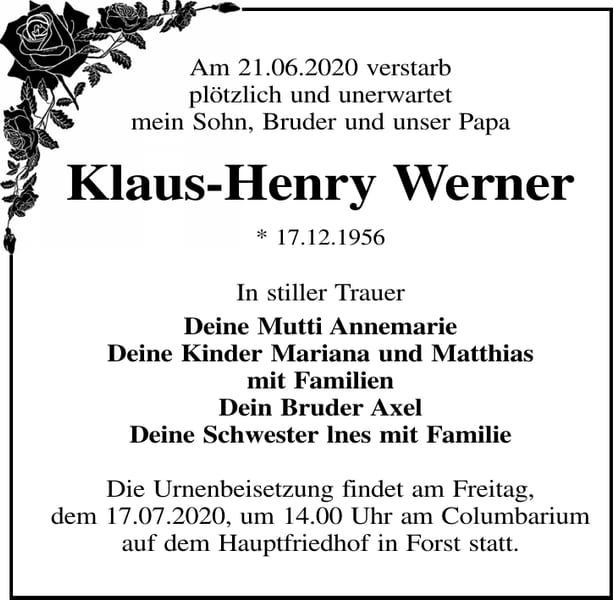 Traueranzeige Klaus-Henry Werner