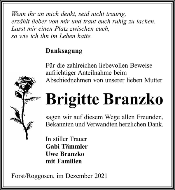 Danksagung Brigitte Branzko