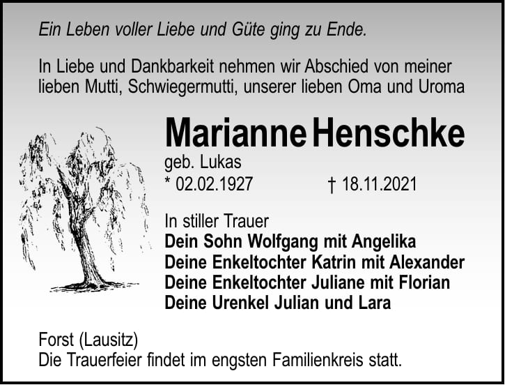 Traueranzeige Marianne Henschke, geb. Lukas