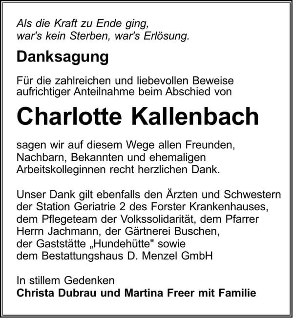Danksagung Charlotte Kallenbach