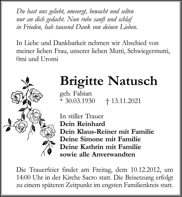 Traueranzeige Brigitte Natusch, geb. Fabian
