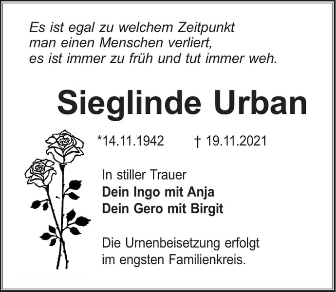 Traueranzeige Sieglinde Urban