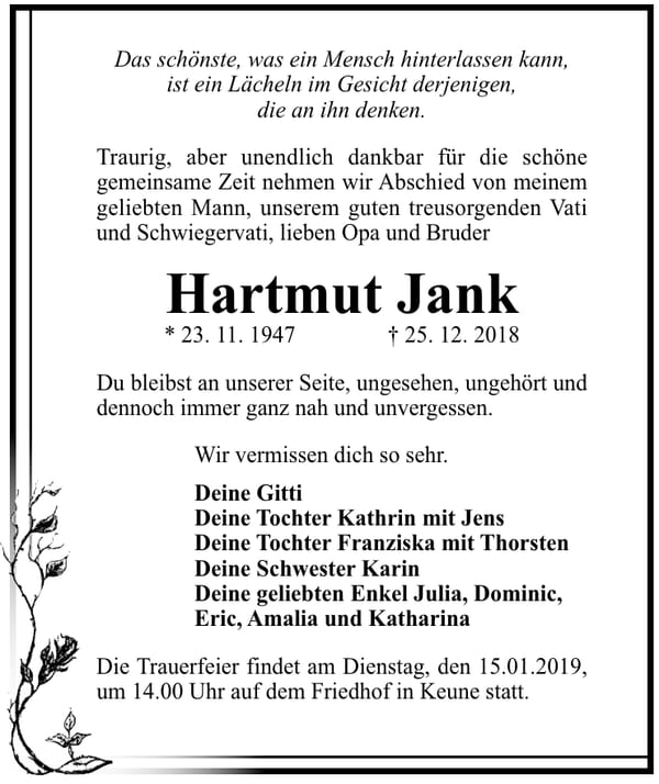 Traueranzeige Hartmut Jank