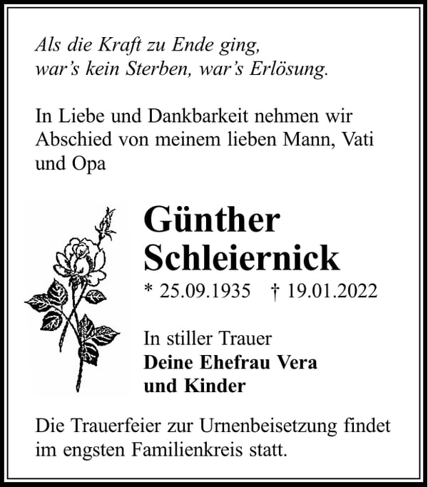 Traueranzeige Günther Schleiernick