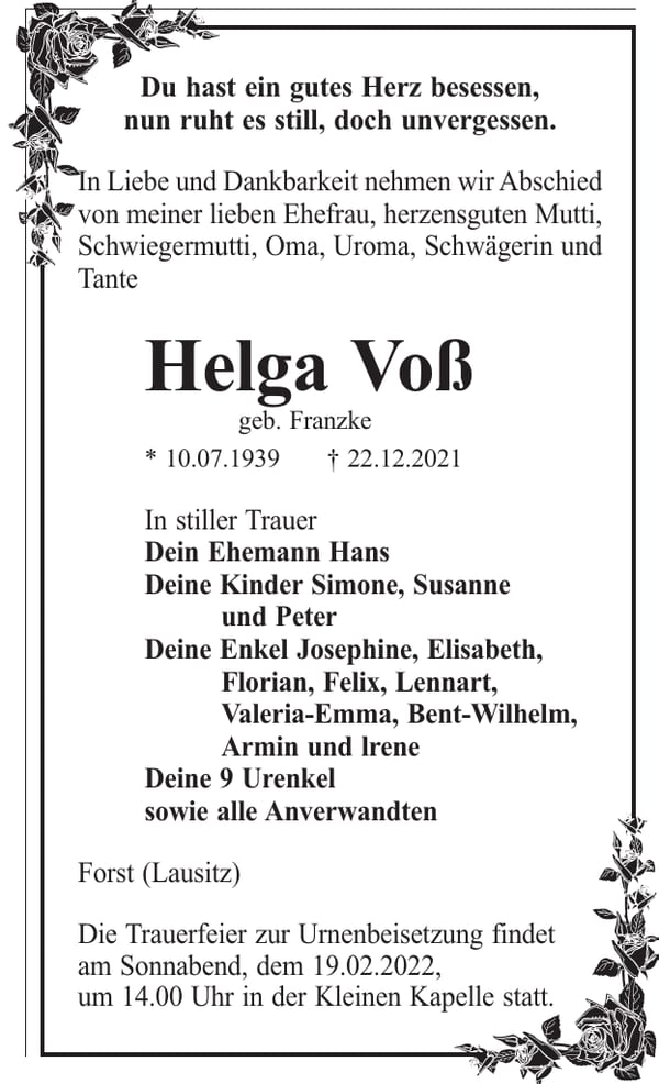 Traueranzeige Helga Voß, geb. Franzke
