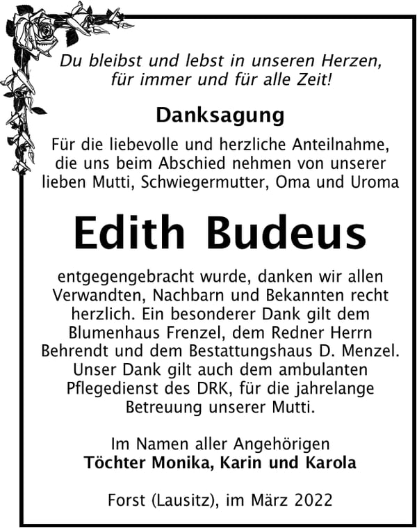 Danksagung Edith Budeus