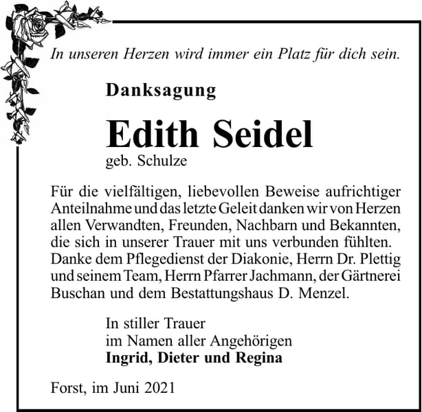 Danksagung Edith Seidel, geb. Schulze