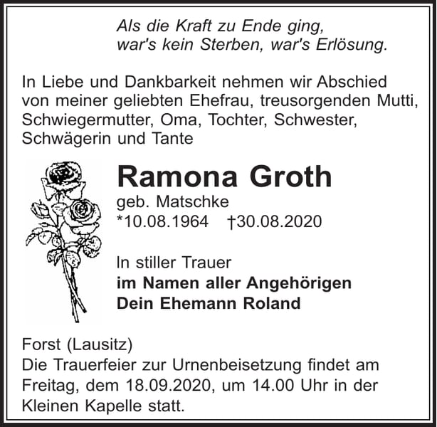 Traueranzeige Ramona Groth, geb. Matschke