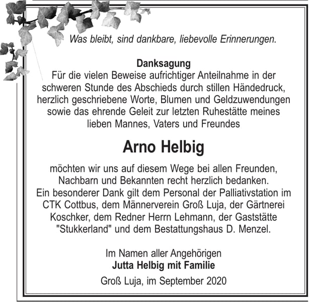 Danksagung Arno Helbig