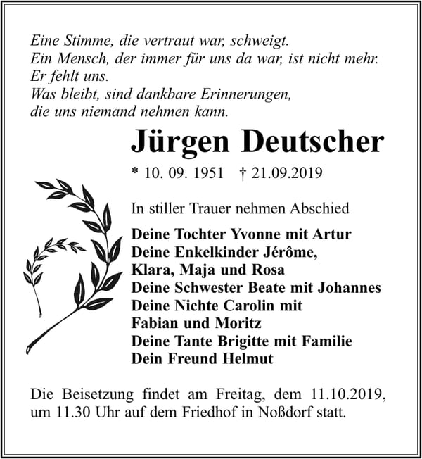 Traueranzeige Jürgen Deutscher