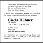 Traueranzeige Gisela Hübner, geb. Krüger