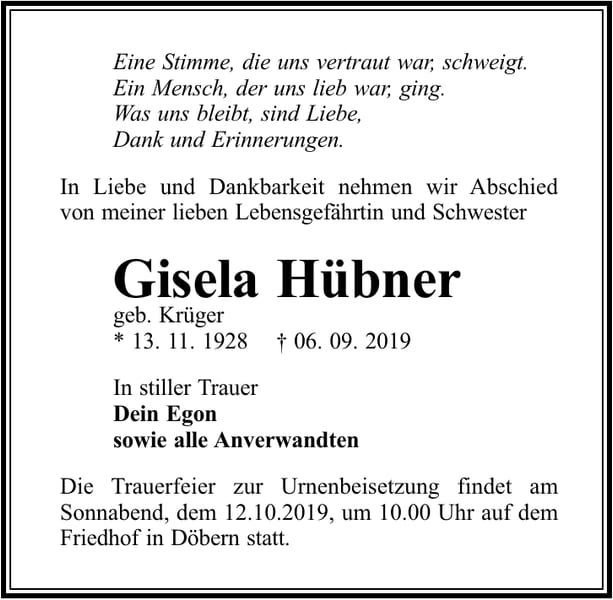 Traueranzeige Gisela Hübner, geb. Krüger