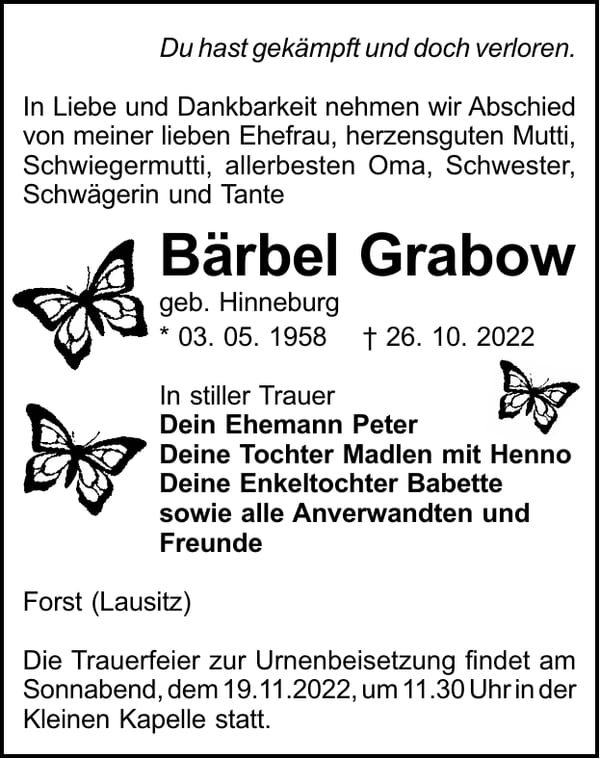 Traueranzeige Bärbel Grabow, geb. Hinneburg