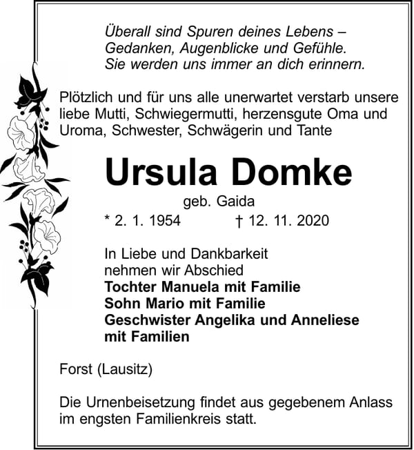 Traueranzeige Ursula Domke, geb. Gaida