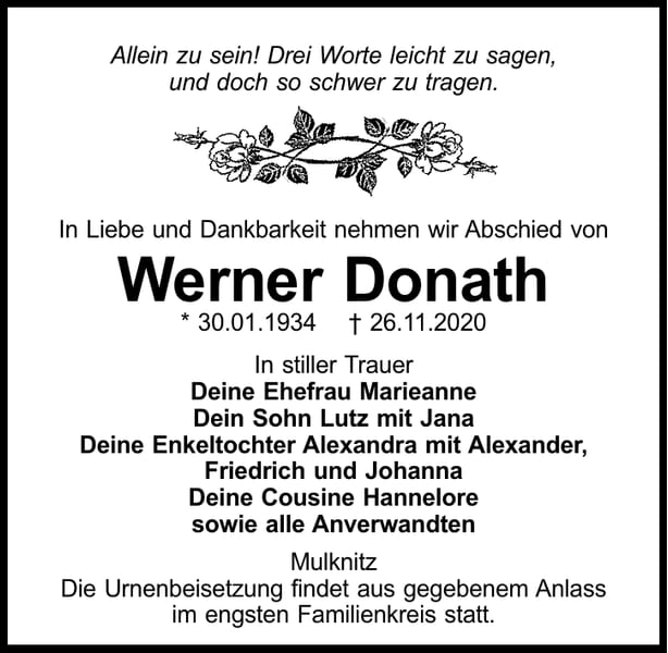 Traueranzeige Werner Donath