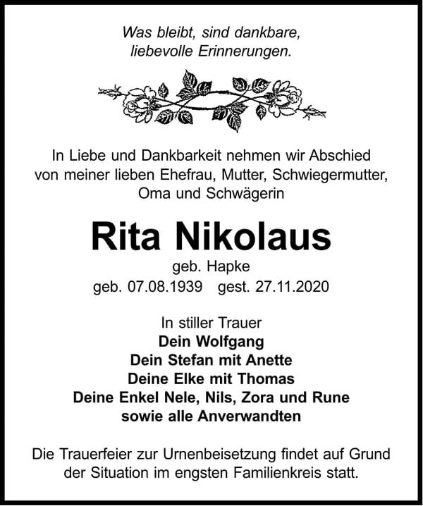 Traueranzeige Rita Nikolaus, geb. Hapke