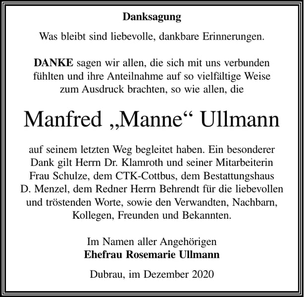 Danksagung Manfred „Manne“ Ullmann