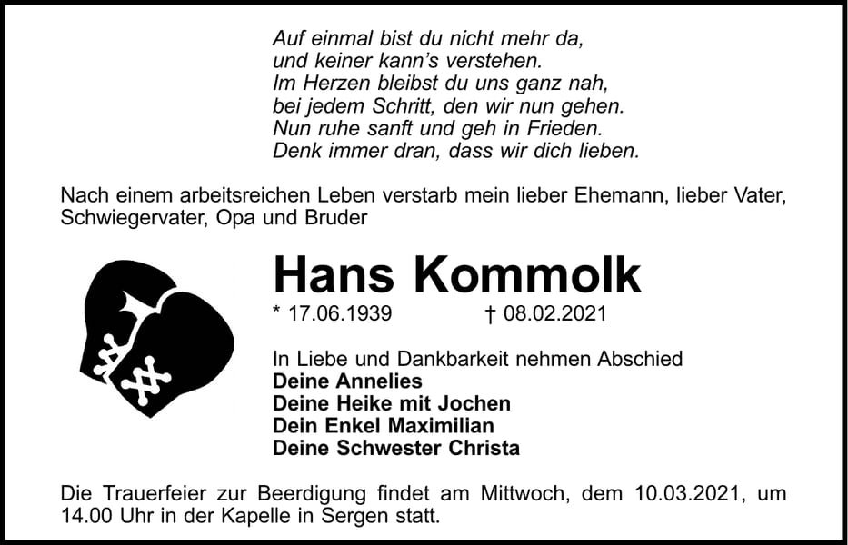 Traueranzeige Hans Kommolk