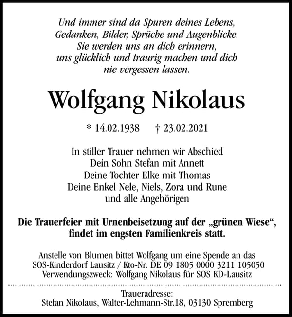 Traueranzeige Wolfgang Nikolaus