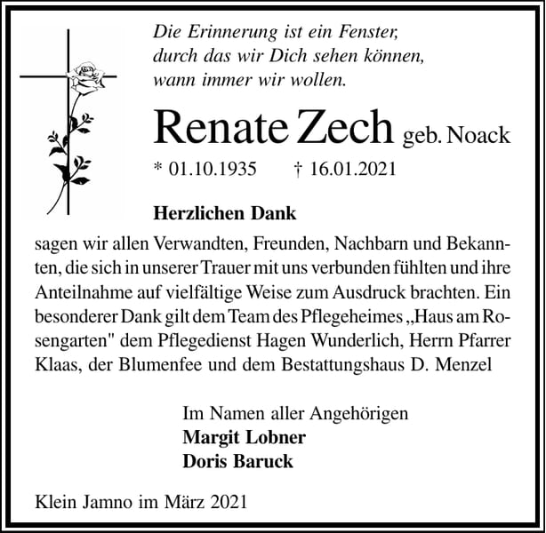 Danksagung Renate Zech, geb. Noack