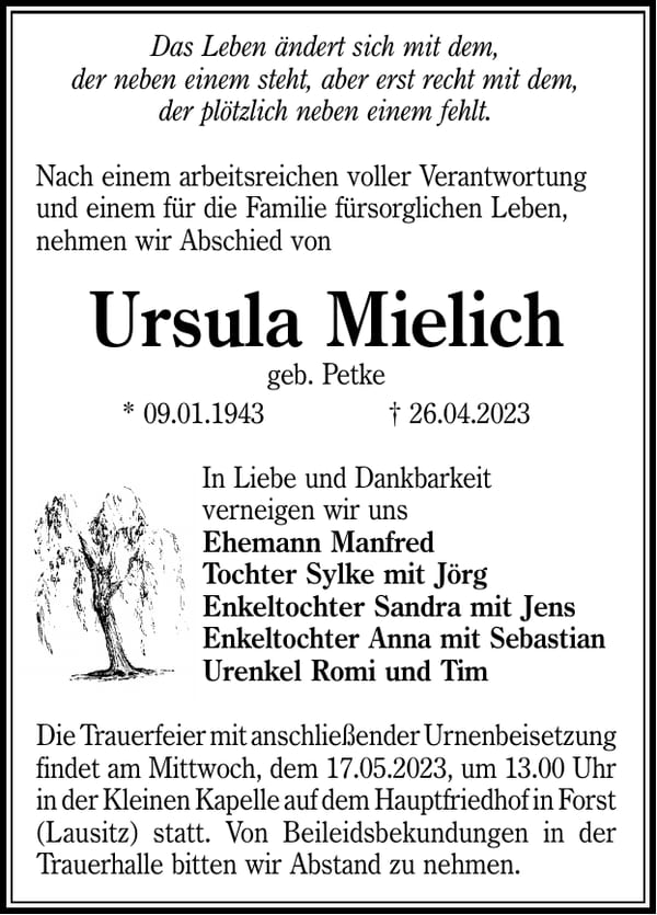 Traueranzeige Ursula Mielich, geb. Petke