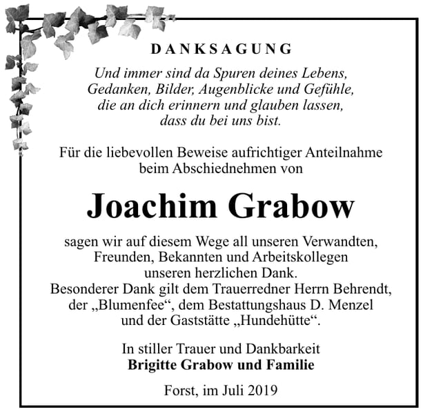 Traueranzeige Joachim Grabow