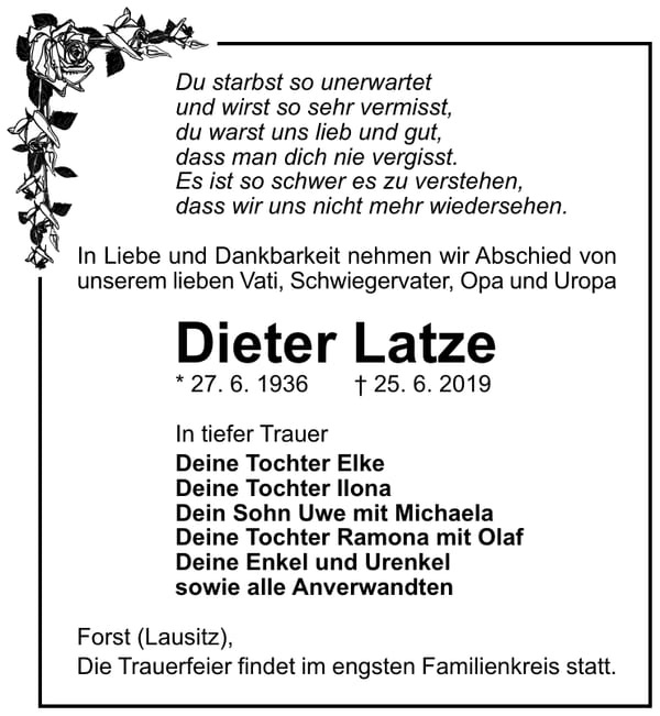 Traueranzeige Dieter Latze