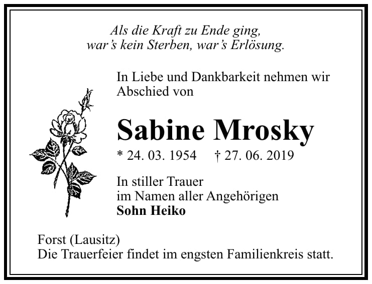Traueranzeige Sabine Mrosky