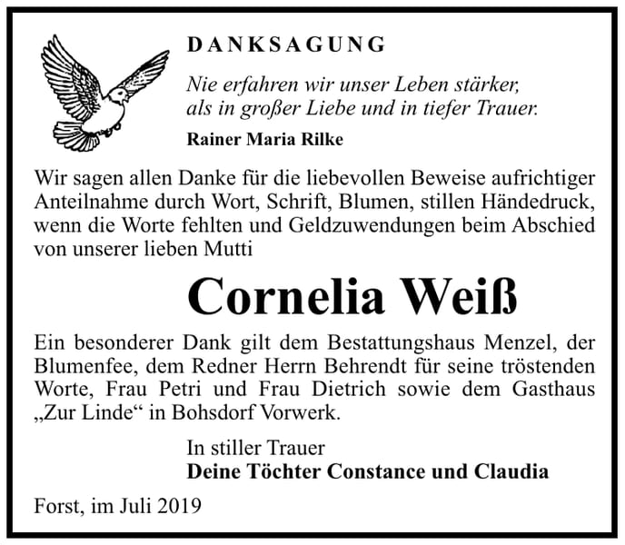 Traueranzeige Cornelia Weiß