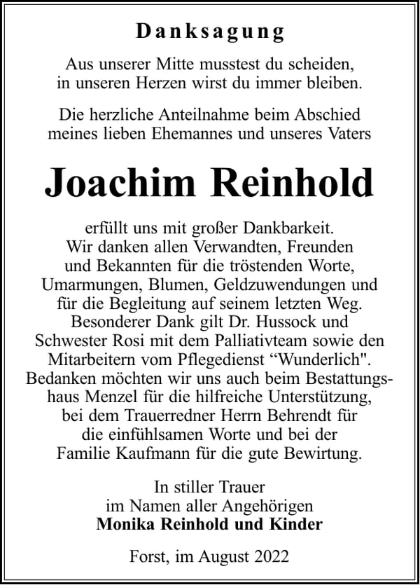Danksagung Joachim Reinhold