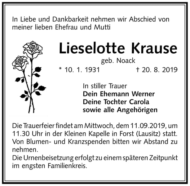 Traueranzeige Lieselotte Krause, geb. Noack