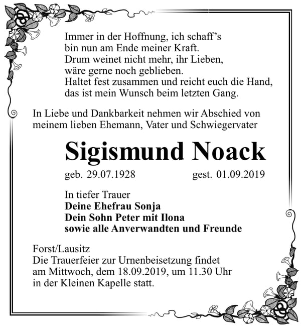 Traueranzeige Sigismund Noack