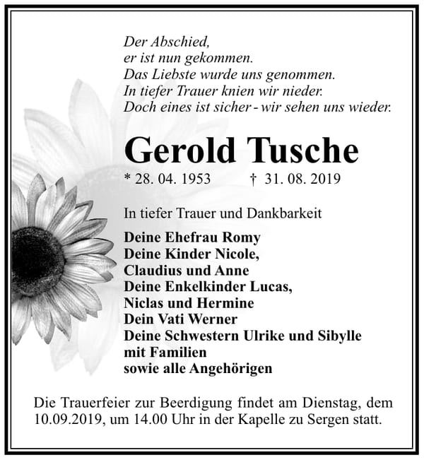 Traueranzeige Gerold Tusche