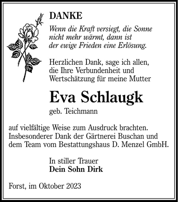 Danksagung Eva Schlaugk, geb. Teichmann