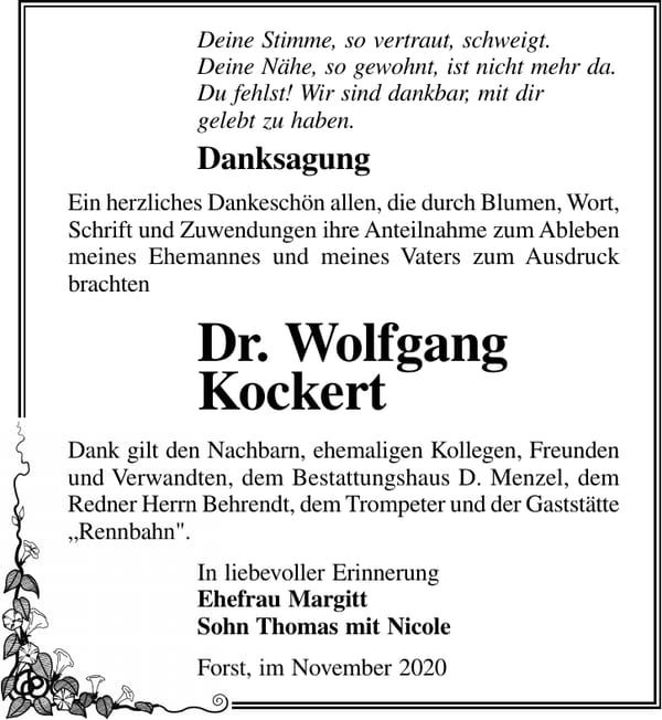 Danksagung Dr. Wolfgang Kockert