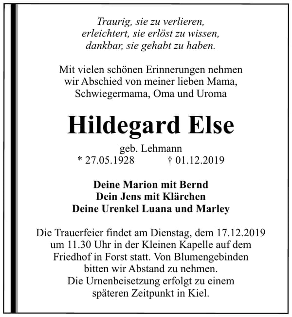 Traueranzeige Hildegard Else, geb. Lehmann