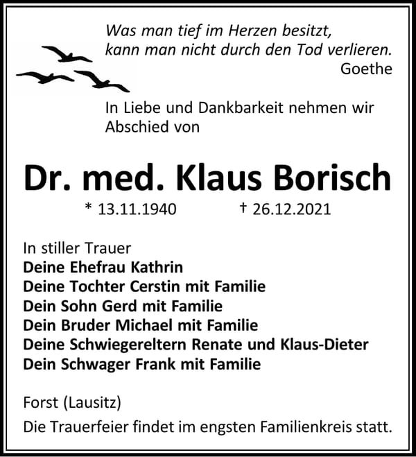 Traueranzeige Dr. med. Klaus Borisch