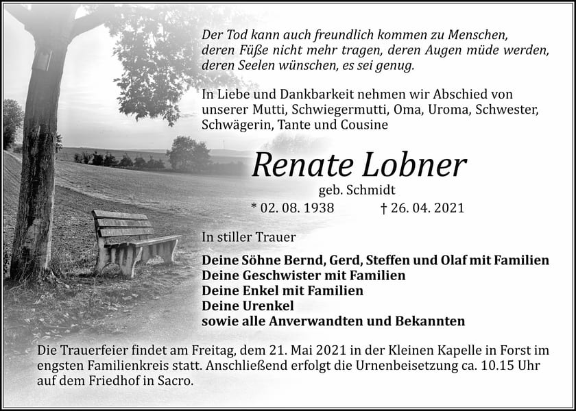 Traueranzeige Renate Lobner, geb. Schmidt
