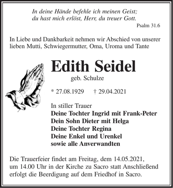 Traueranzeige Edith Seidel, geb. Schulze