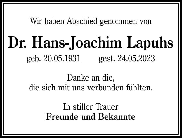 Traueranzeige Dr. Hans-Joachim Lapuhs