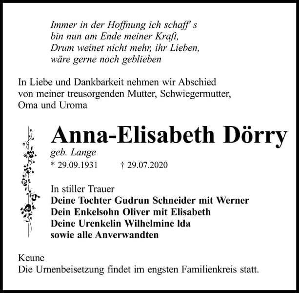 Traueranzeige Anna-Elisabeth Dörry, geb. Lange