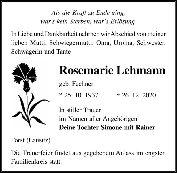 Traueranzeige Rosemarie Lehmann, geb. Fechner