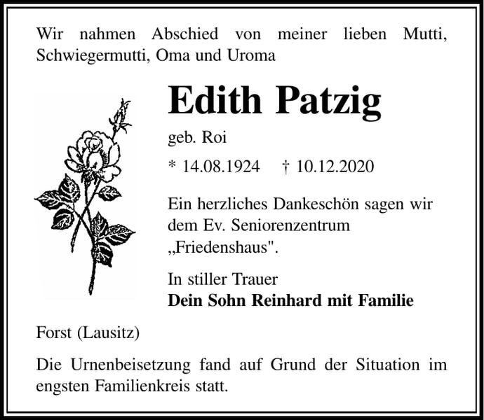 Traueranzeige Edith Patzig, geb. Roi