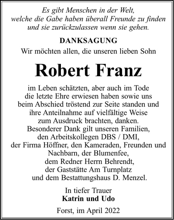 Danksagung Robert Franz