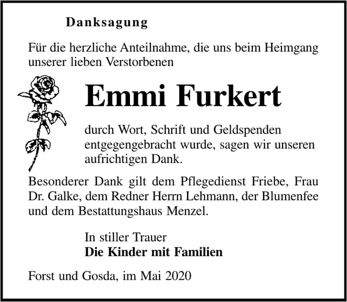 Danksagung Emmi Furkert
