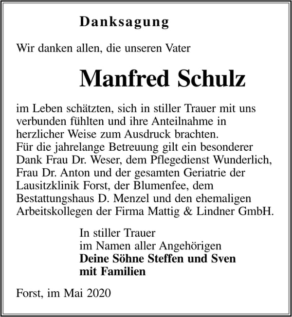 Danksagung Manfred Schulz