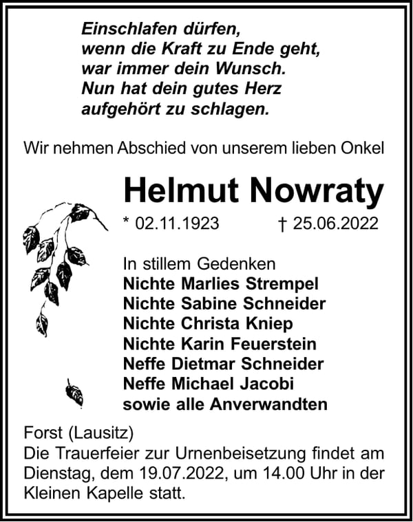 Traueranzeige Helmut Nowraty