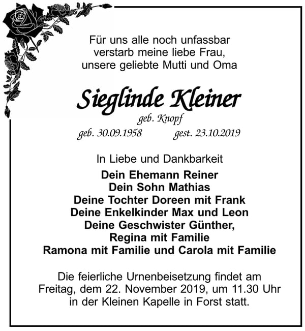 Traueranzeige Sieglinde Kleiner, geb. Knopf